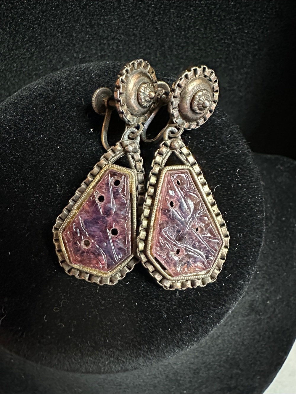 Vintage Art Deco Molded Glass Dangle Earrings - Screw Back Camphor Style Purple